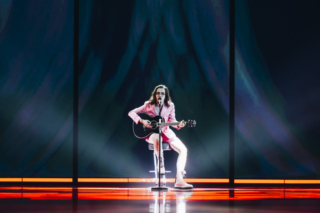 Theodor Andrei rehearsing D.G.T. (Off and On) for Romania at the First Rehearsal of the Second Semi-Final at Liverpool Arena